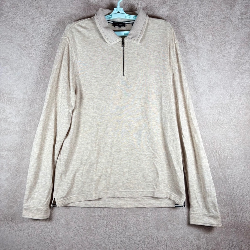 Ted Baker Quarter Zip Polo Mens 4 Large Beige Heathered Long Sleeve Karpol Shirt
